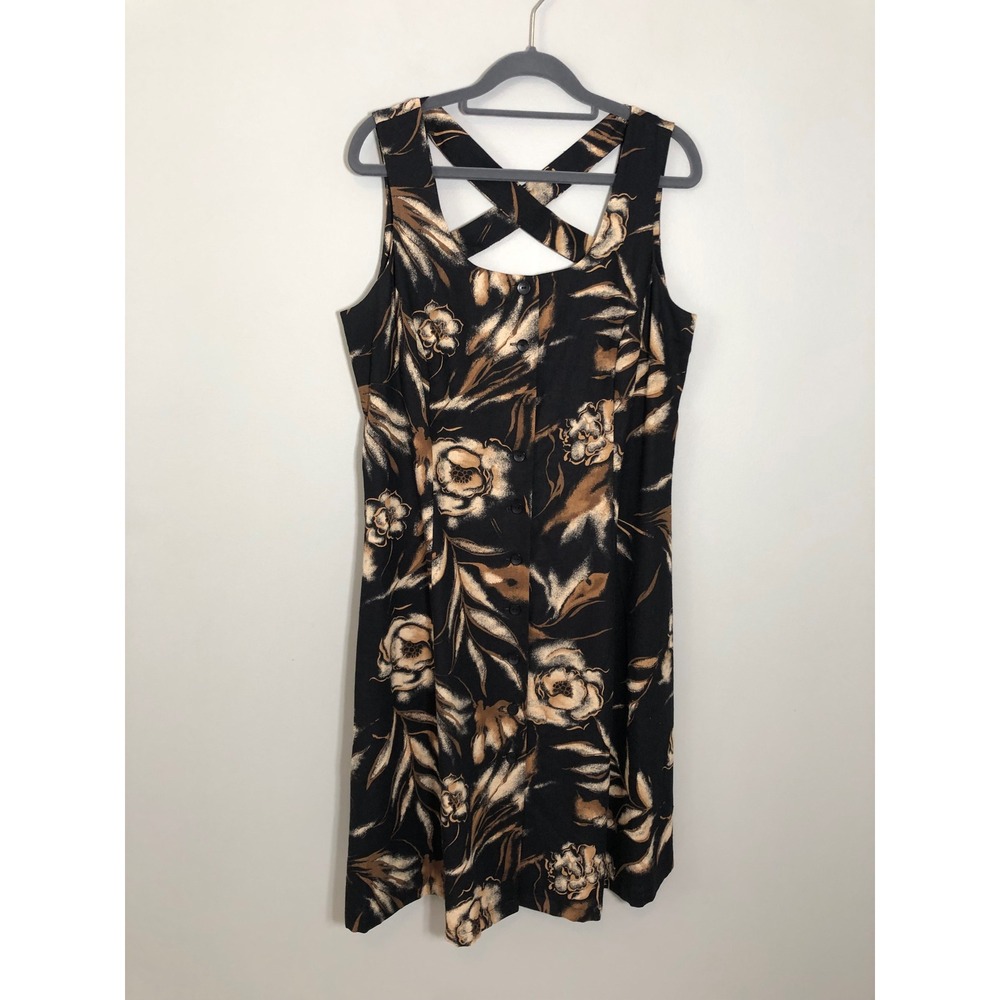 Coldwater Creek Dress Womens 12 Black Floral Linen Blend Crisscross Back Midi